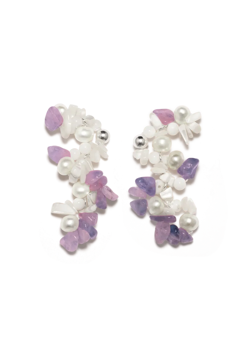 Hum - Pearl, Mother of Pearl and Amethyst Bead Platinum Plated Earrings